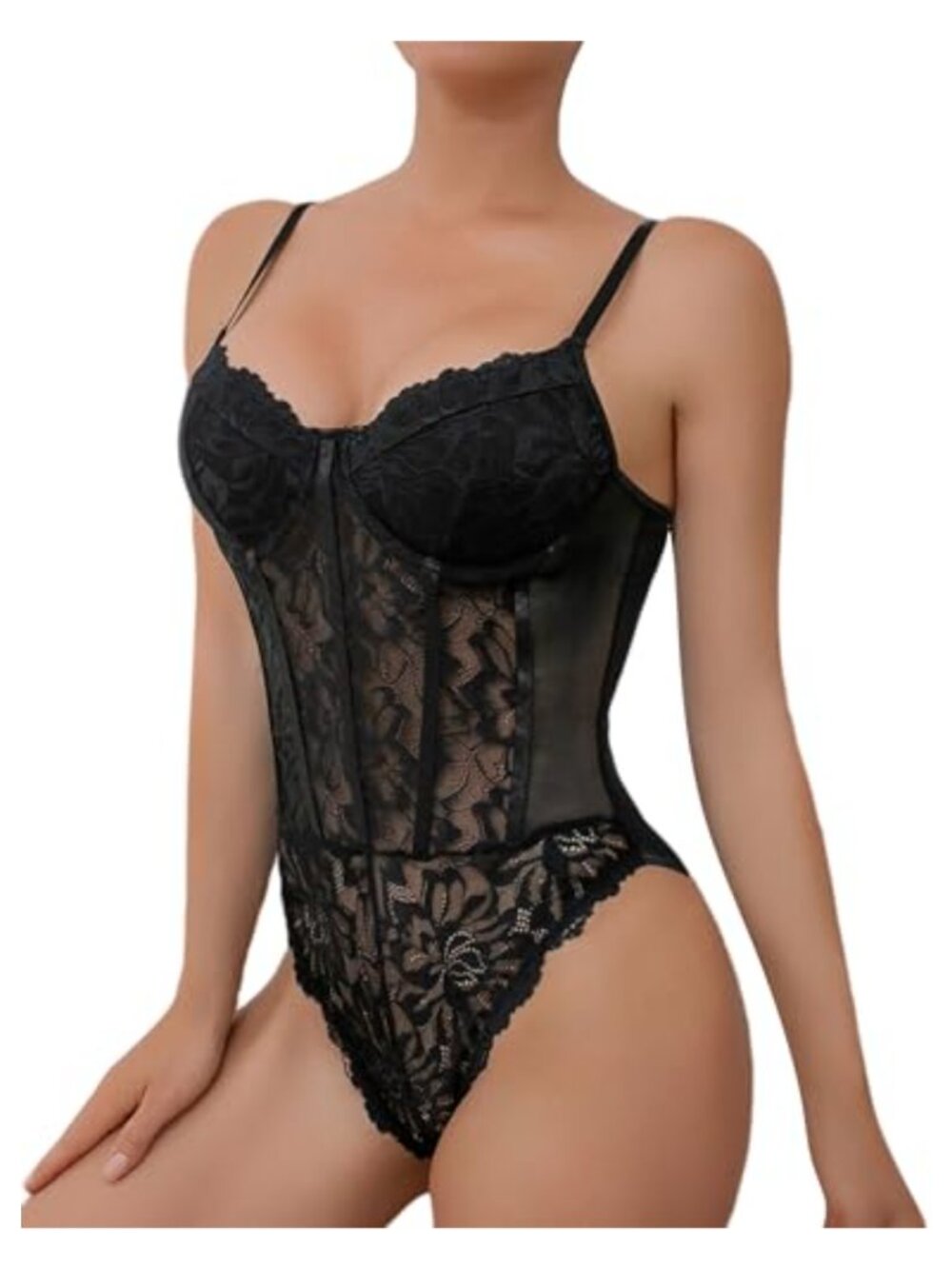 Women's Floral Lace Bodysuit Corset Top Deep V Adjustable Straps Shapewear